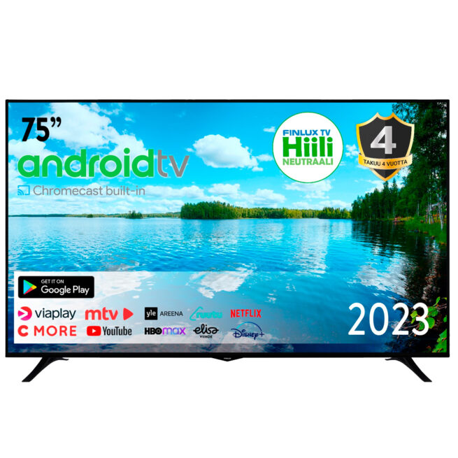 Finlux 75 G9 Android TV tuotekuva Finlux 75" G9 4K UHD Android TV (2023) 75" 4K UHD Smart Android-Televisio, jossa yhdistyvät huipputarkka kuva, moderni design, uusin tekniikka, sekä helppokäyttöisyys. Nyt Finlux 4 vuoden takuu kuluttaja-asiakkaille, Finlux on myös Suomen ensimmäinen hiilineutraali televisio.